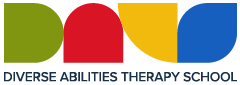 Diverse Abilities Therapy School text below a green, red, yellow and blue shapes that spells out DATS